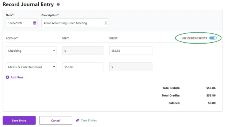 Record journal entry in Patriot Software: debits/credits toggled on.