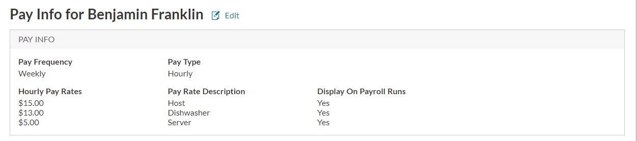 Screenshot showing multiple pay rates for example employee