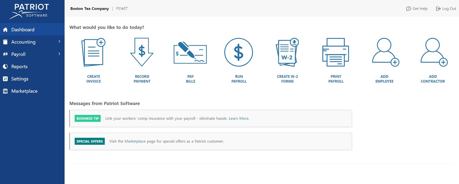 screenshot of Patriot's simplified accounting and payroll menu in the software.