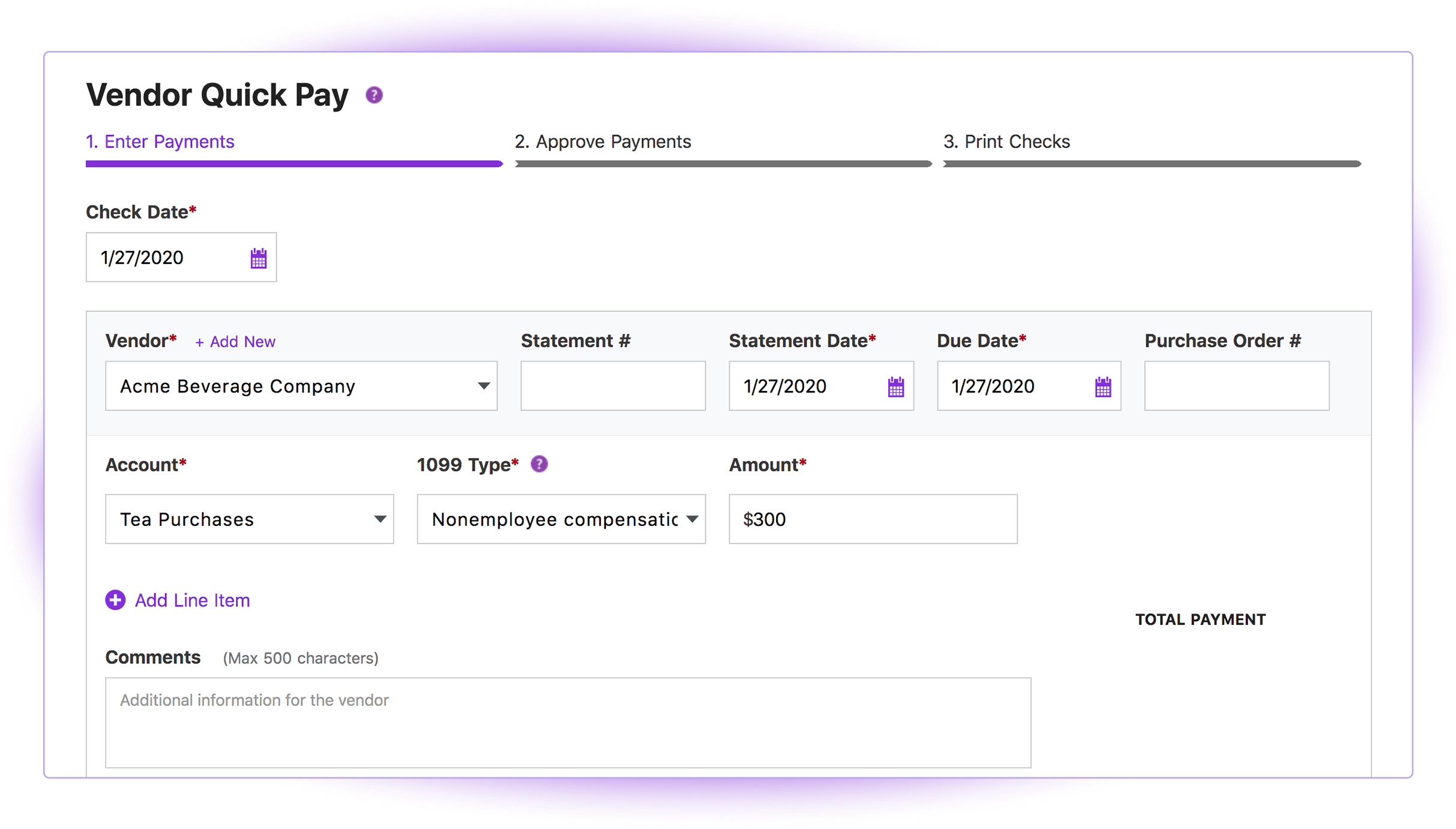 Patriot Software's accounting product Vendor Quick Pay screen.