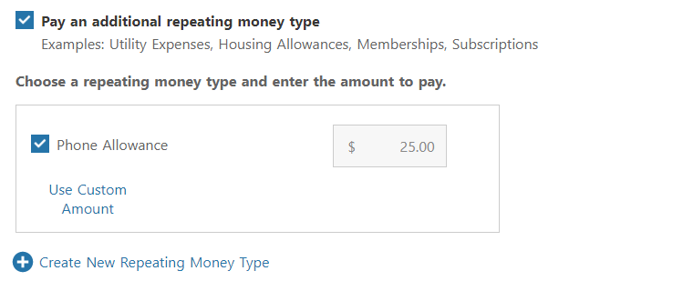 Screenshot showing how to set up repeating money types in Patriot's payroll software