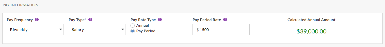 Screenshot showing how to add a new salary or salary non-exempt employee and choose between an annual pay rate or rate per pay period in Patriot's payroll software.