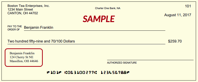 Sample check showing where to print the employee name and address directly on the paychecks