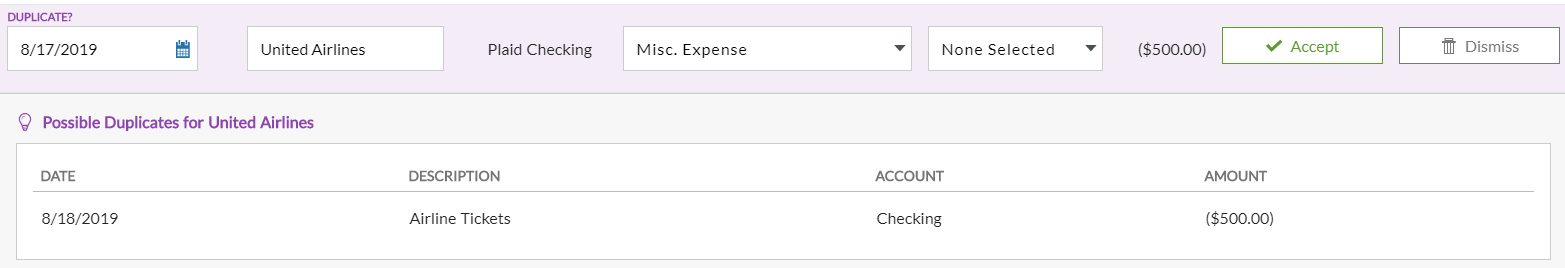 Duplicate Transaction Warning When Importing Bank Transactions