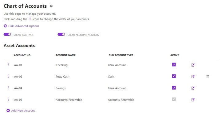 Chart of accounts page in Patriot Software: Screenshot