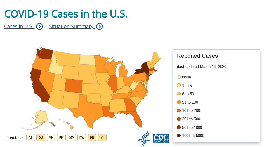 COVID-19 cases in the U.S. per CDC map