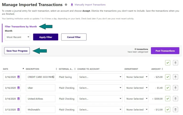 Manage imported transactions screenshot in Patriot Software.
