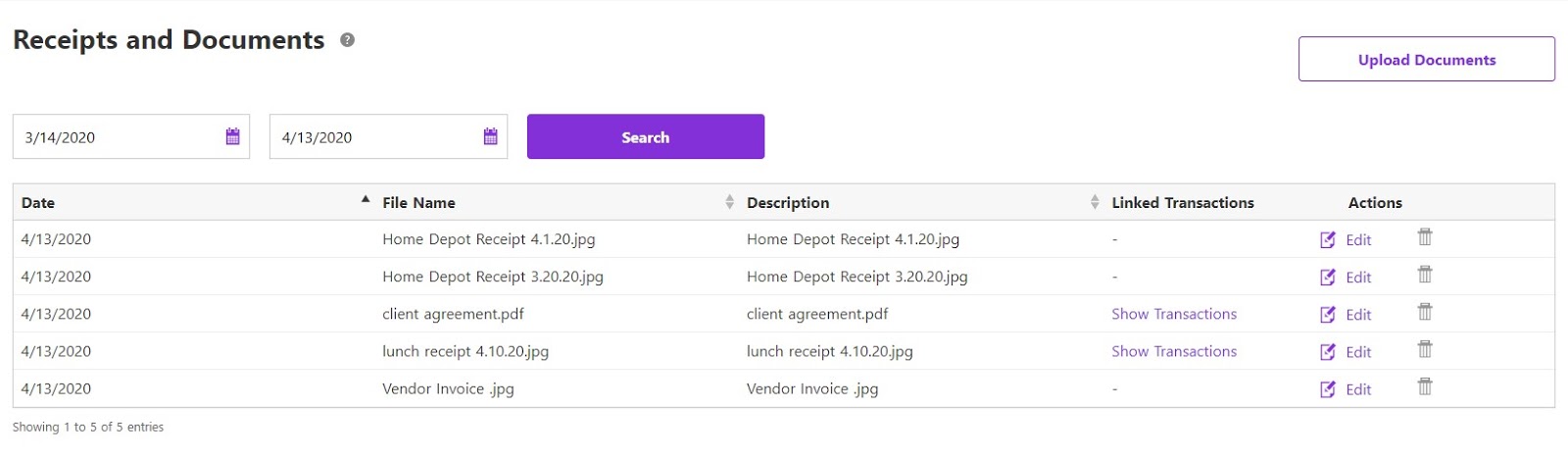 receipts and documents in Patriot Software