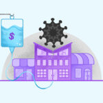 Illustration showing buildings that are being crushed by the coronavirus, hooked up to a cash flow IV.