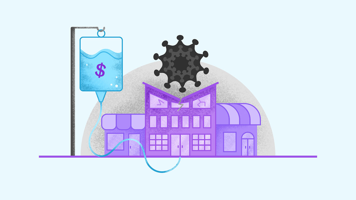 Illustration showing buildings that are being crushed by the coronavirus, hooked up to a cash flow IV.