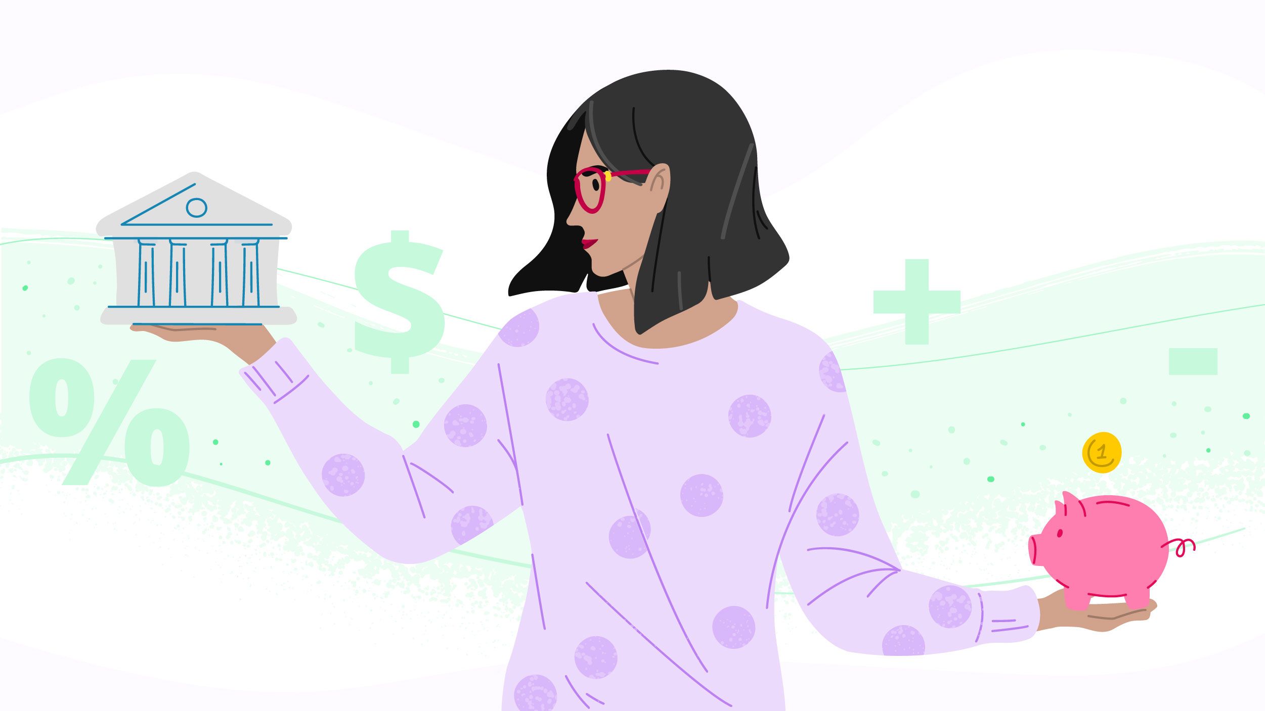 illustration of woman holding a piggy bank and financial institution building who is weighing her options between loans and tax credits