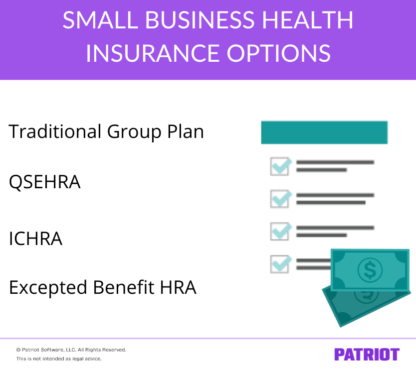 list of small business health insurance options with chart and money graphics