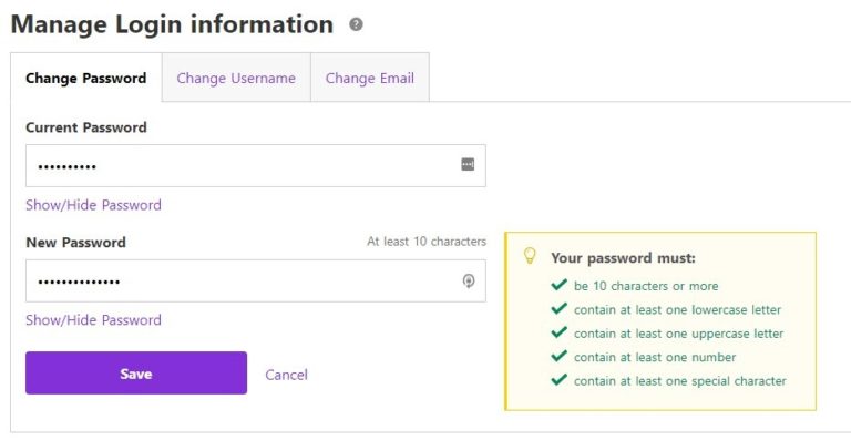 Manage login information: Password strength alert screenshot in Patriot Software