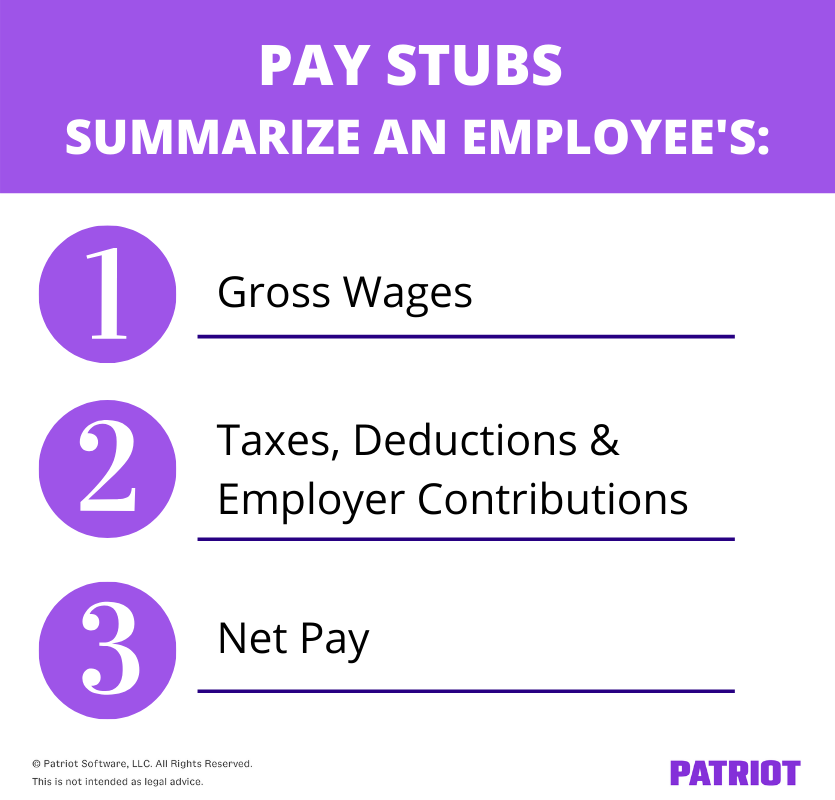 visual explaining the three things pay stubs outline (gross wages, taxes deductions and employer contributions, and net pay)
