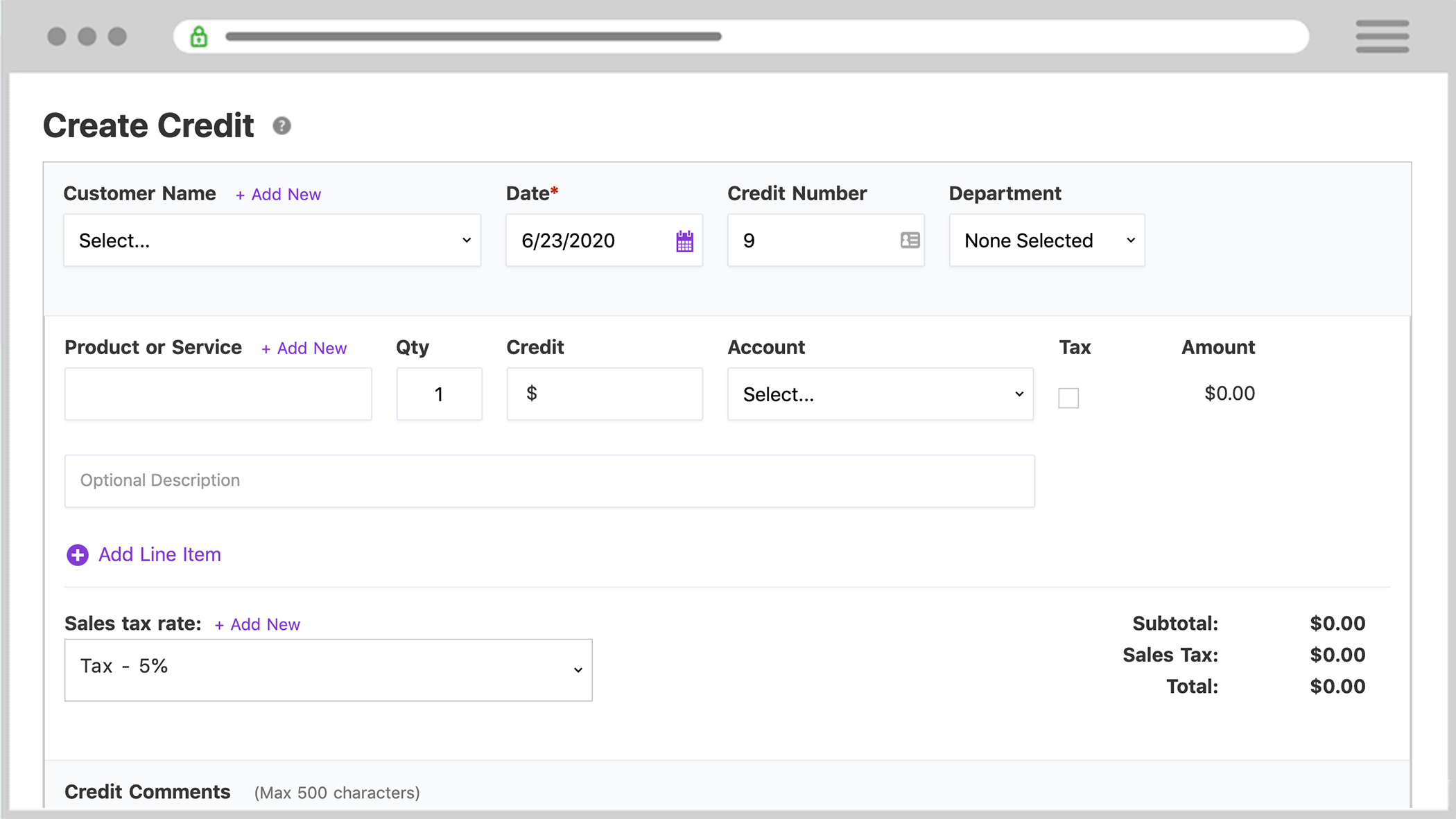 Patriot's Create Credit page in the accounting software.