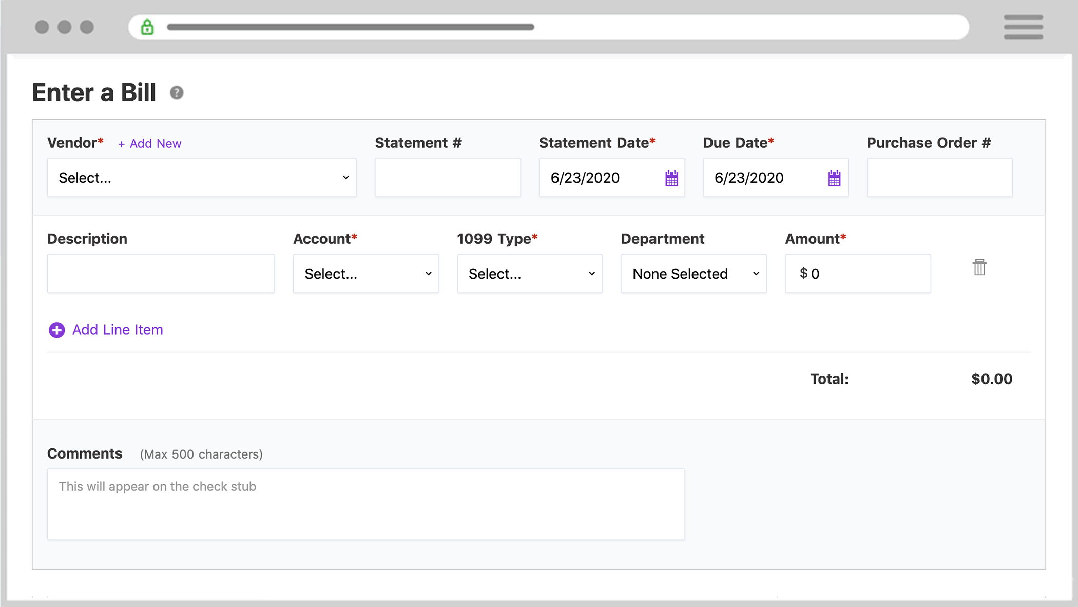 Enter a Bill page in Patriot's accounting software.