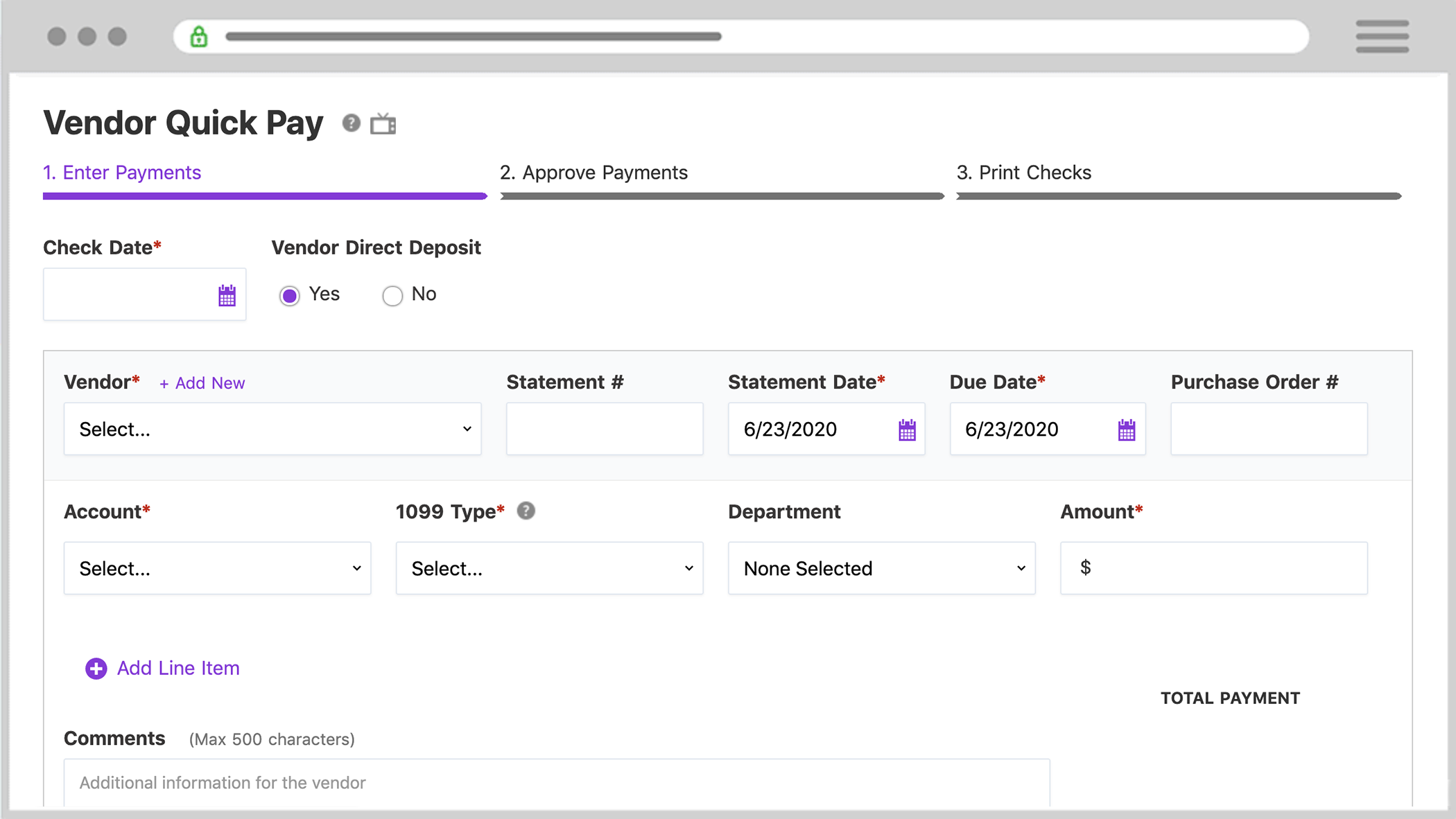 Vendor Quick Pay page in Patriot's accounting software.