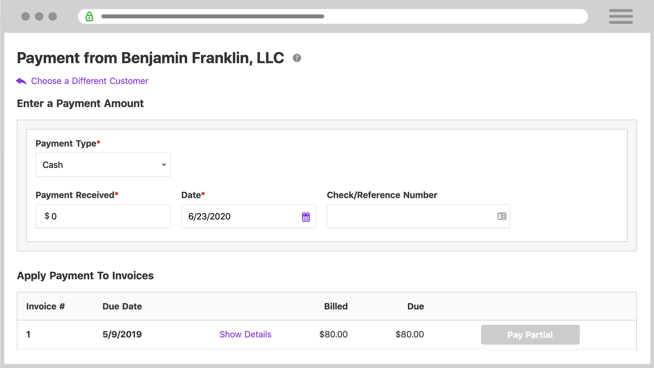 Patriot's accounting software showing how to record a payment.