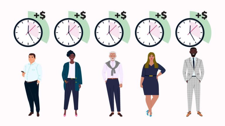 graphics of a group of 5 co-workers with clocks above them representing shortened work hours