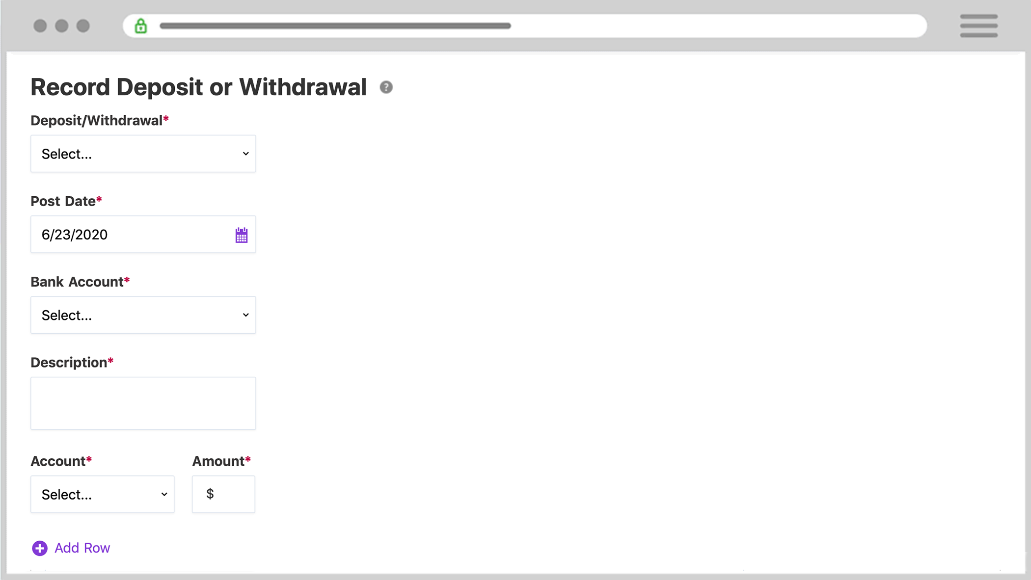 Patriot's Record Deposit or Withdrawal page in the accounting software.