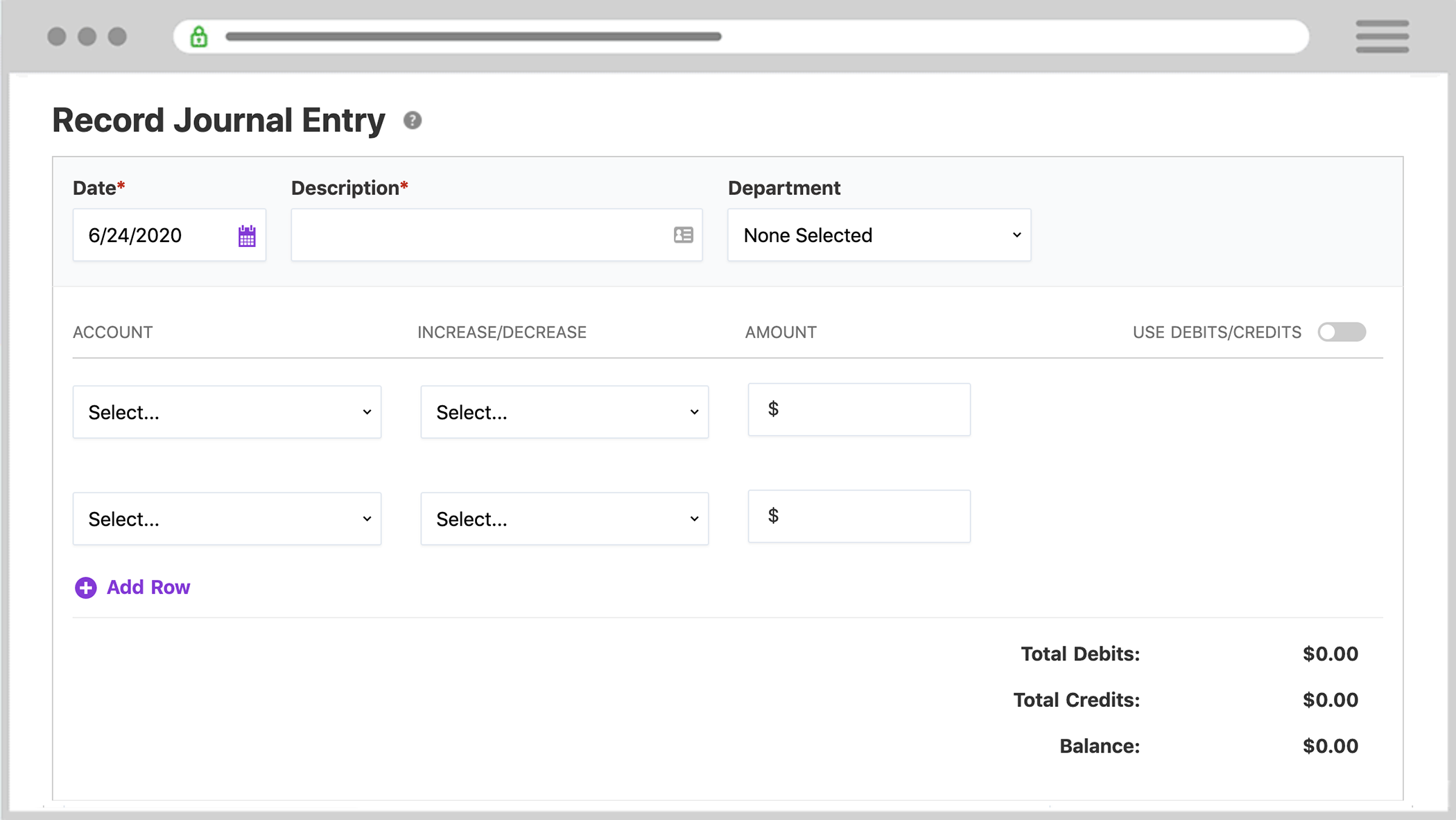 Patriot's Record Journal Entry page in the accounting software.