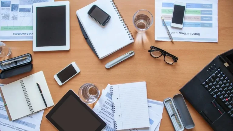 desk filled with office items like books, notepads, computer, and cell phone