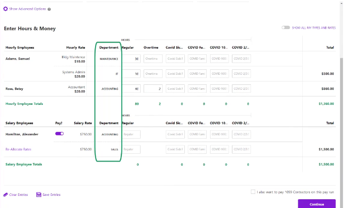 payroll step one showing departments in payroll