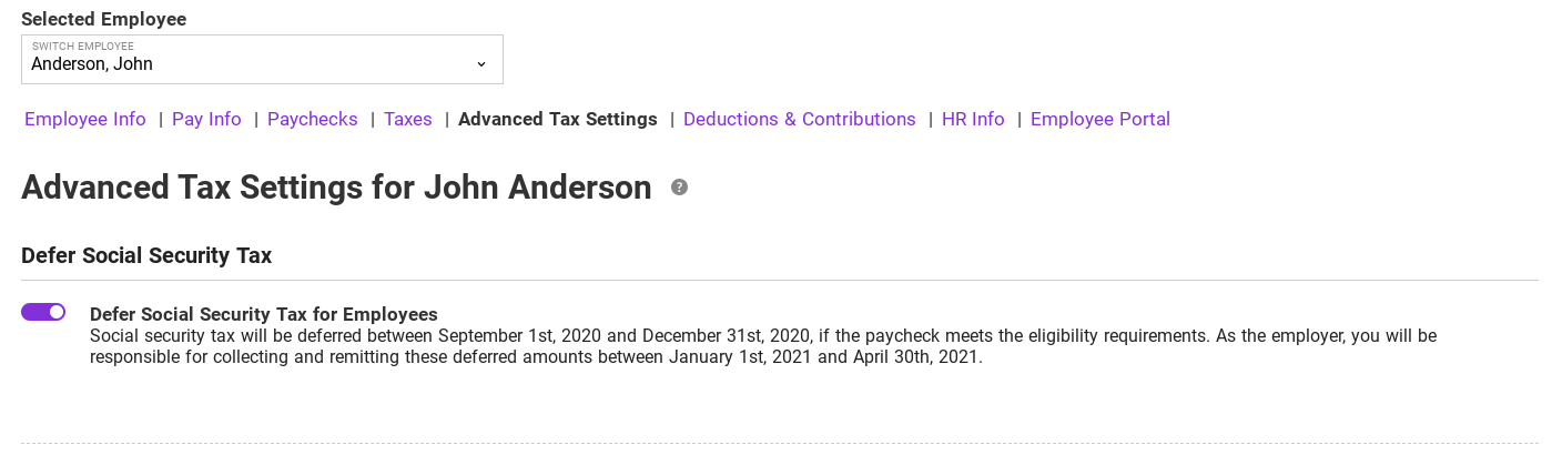 deferring an employee's social security tax in patriot