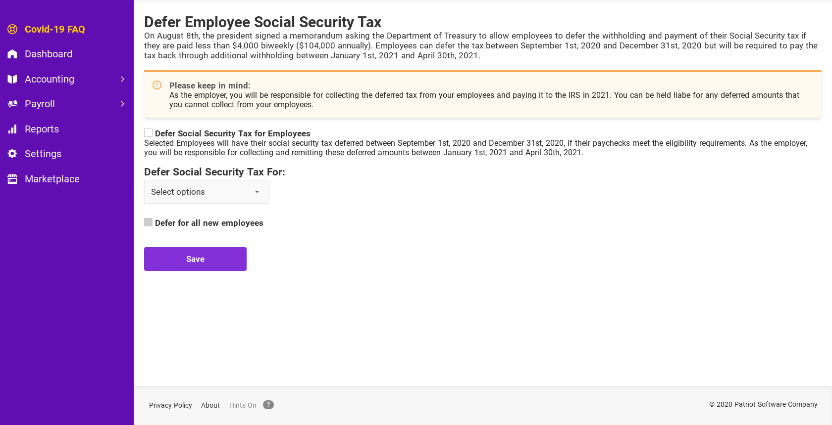how to defer employee social security tax in patriot software