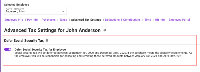 Employee setting for deferral of social security tax in Patriot Software