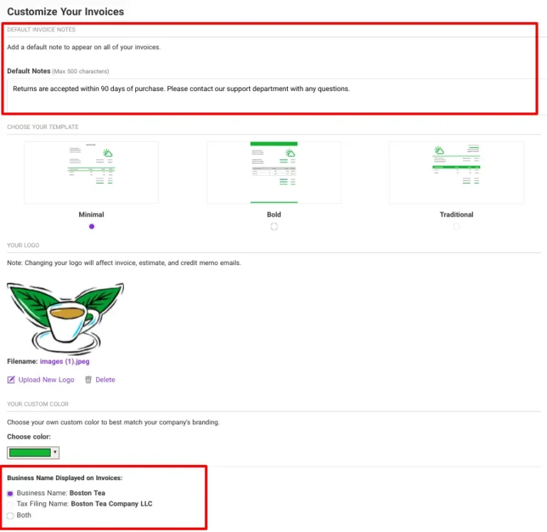Customizing invoices in Patriot Software.