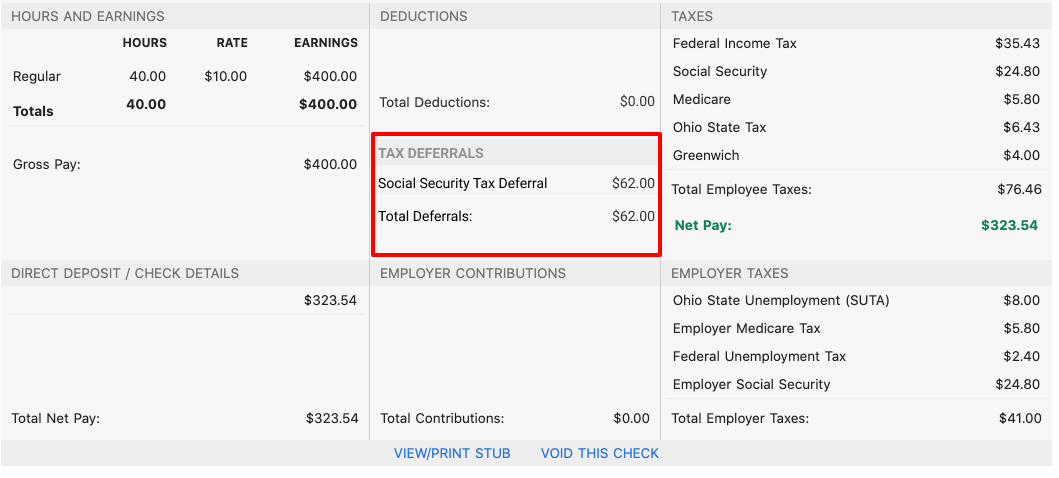 payroll register showing employee social security tax deferral 