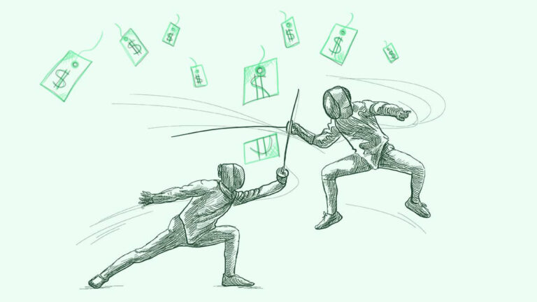 Sketch of two people fencing with money around them.