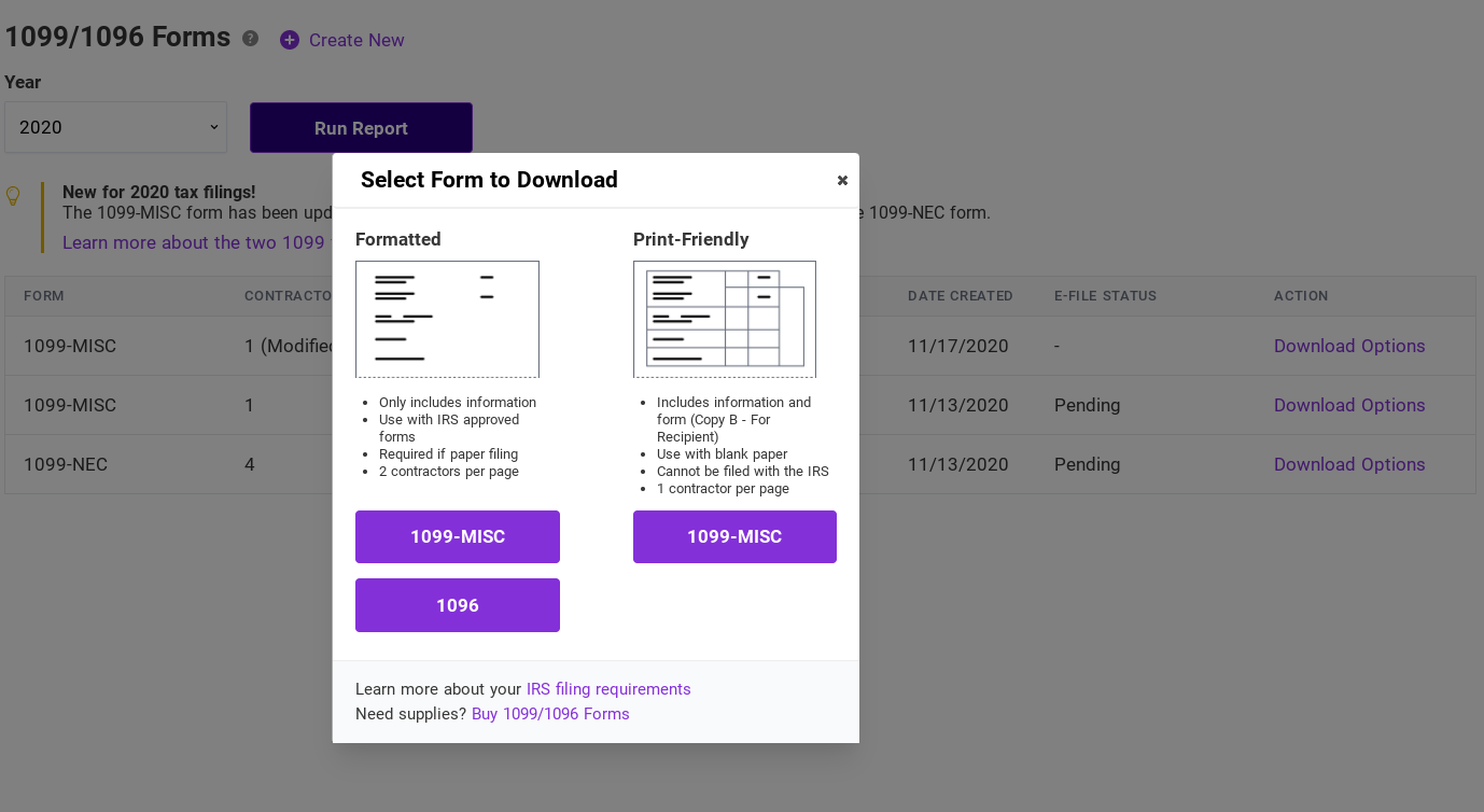 1099/1096 download options popup in Patriot Software