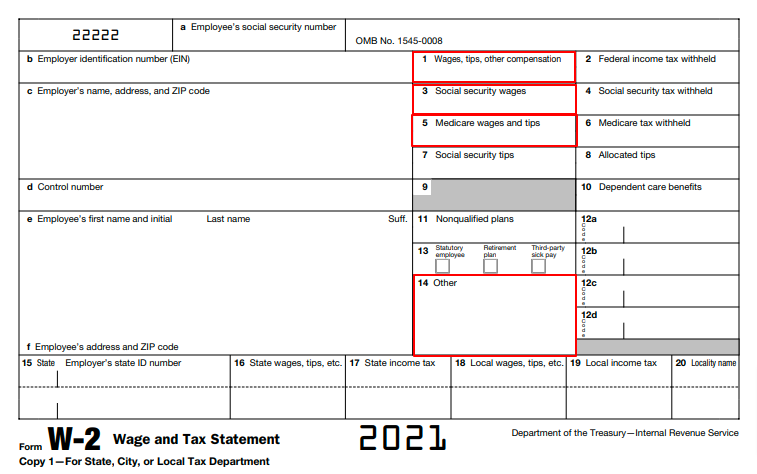 2021 Form W-2 highlighting Boxes 1, 3, 5, and 14