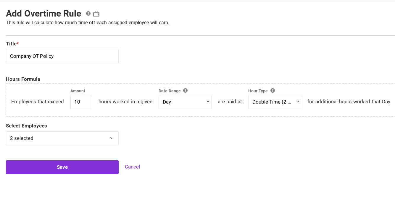Screenshot of adding overtime rule in Patriot Software