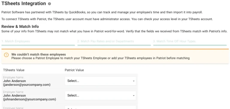 TSheets integration page in Patriot Software