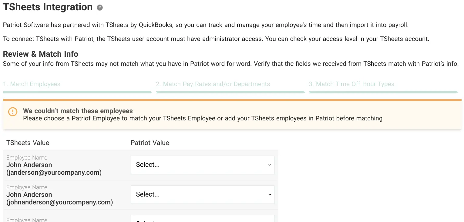 TSheets integration page in Patriot Software