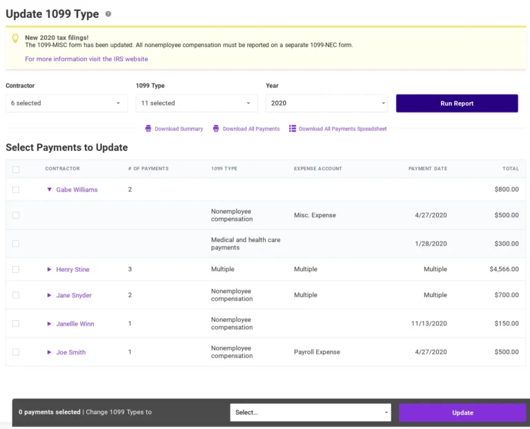 screenshot of Patriot Software's new Update 1099 Type Tool in action