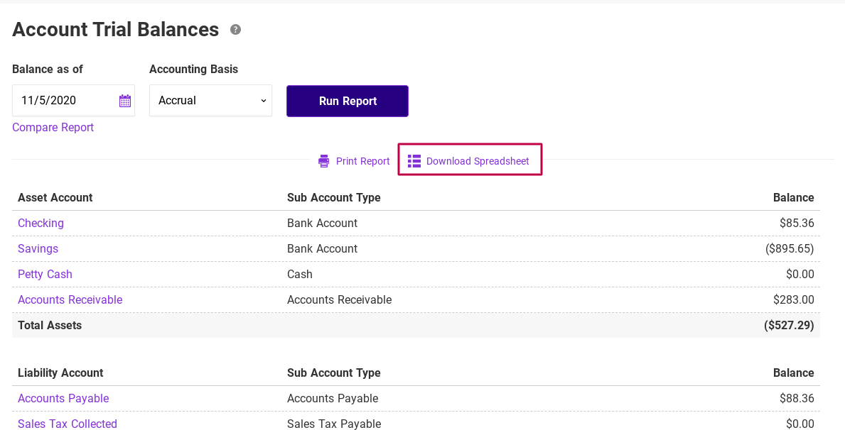 Account trial balances report in Patriot Software