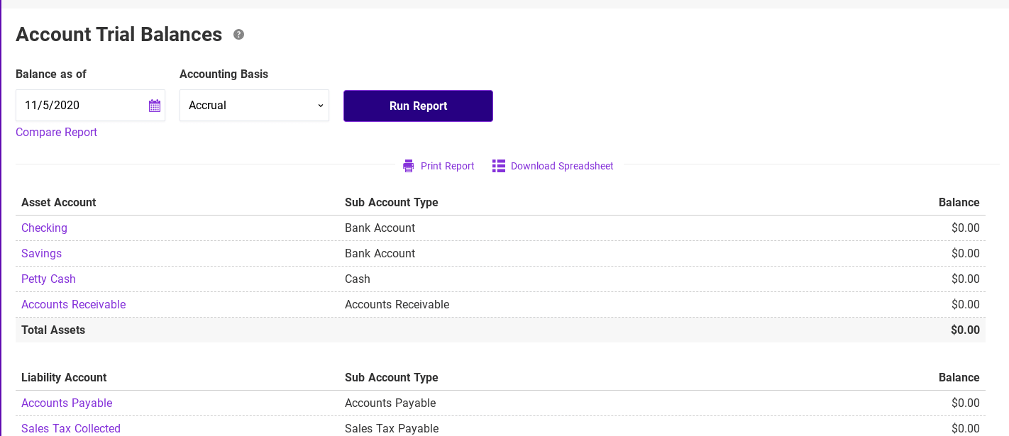 account trial balances report in Patriot Software