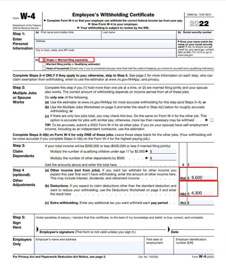 IRS Form W-4 filled out 
