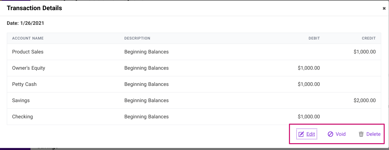 Edit, void, or delete beginning balances screenshot in Patriot Software