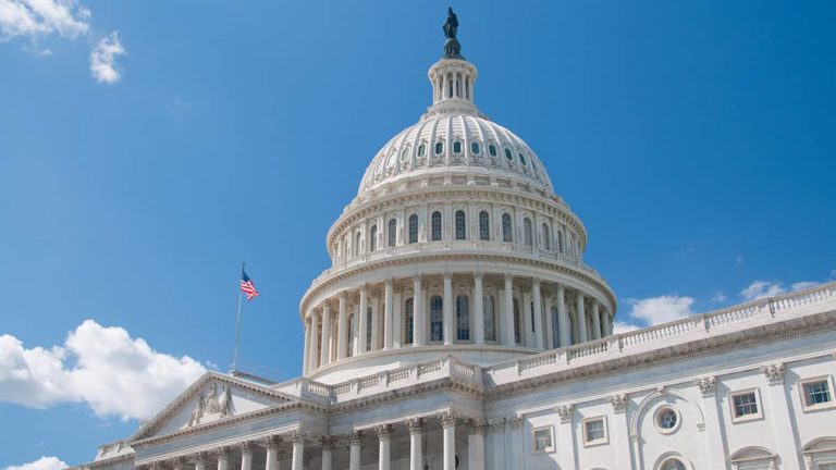 Government building with American flag.