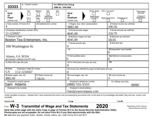 Form W-3 (2020) screenshot