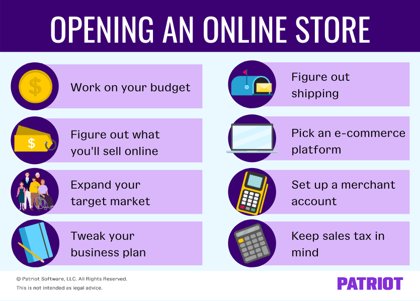 eight steps to opening an online store: 1) work on budget, 2) figure out what you'll sell online, 3) expand your target market, 4) tweak your business plan 5) figure out shipping 6) pick an e-commerce platform 7) set up a merchant account 8) keep sales tax in mind 