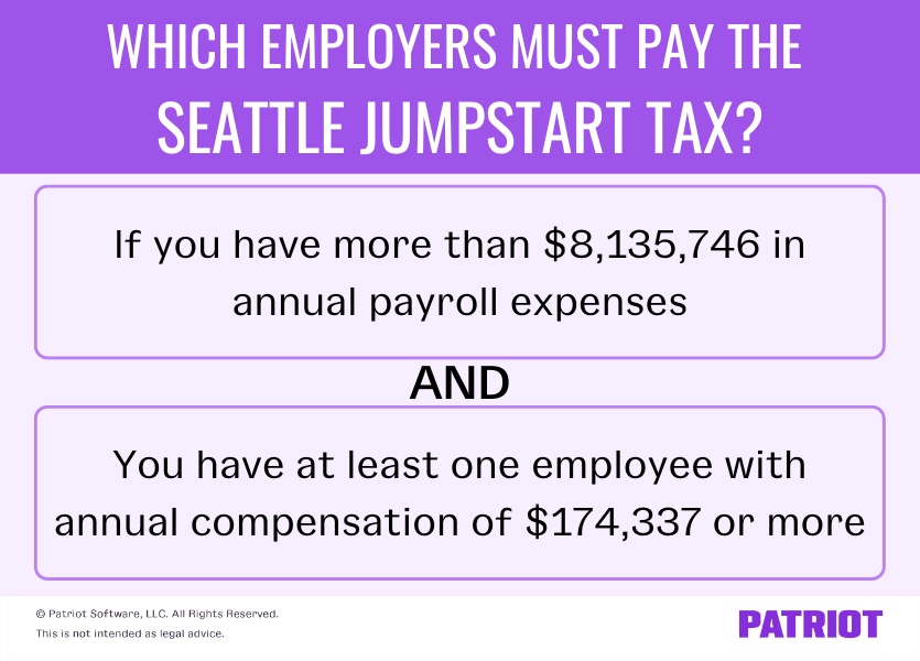 Which employers must pay the Seattle JumpStart tax? If you have more than $8,135,746 in annual payroll expenses and have at least one employee with annual compensation of $174,337. 