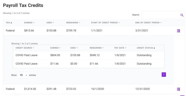 screenshot of payroll tax credit report