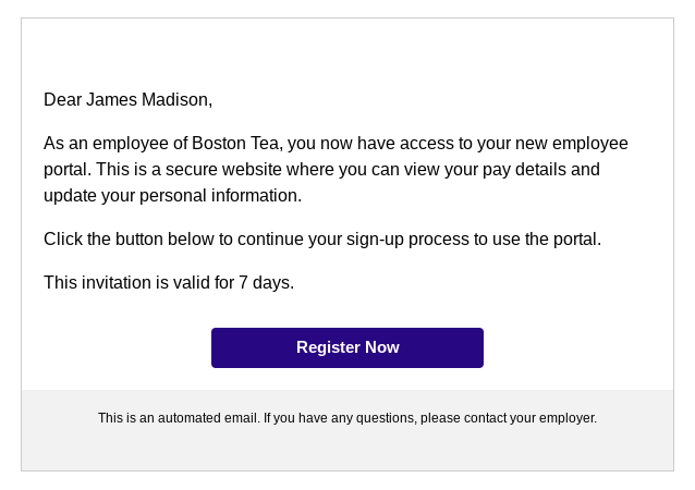 Email employees receive when they are invited to access their employee portal.