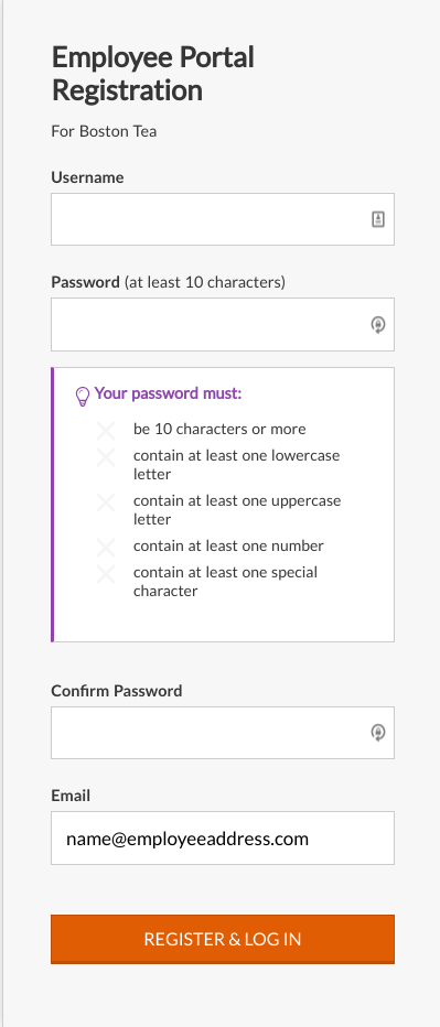 Screenshot of the employee portal registration page (input username, password, confirm password, email address)